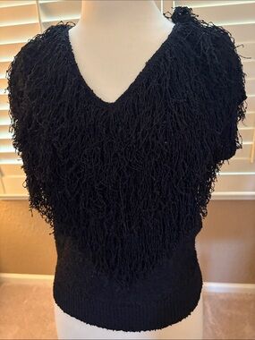 French rags hand loomed in CA Black Textured Fringe V-Neck Top size 2 NWT
